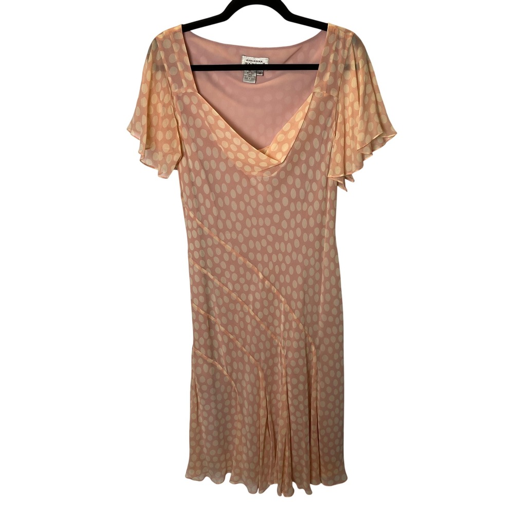 Adrianna Papell Silk‎ Polka Dot Dress Women 14 Pink Romantic Wedding Party Chic
